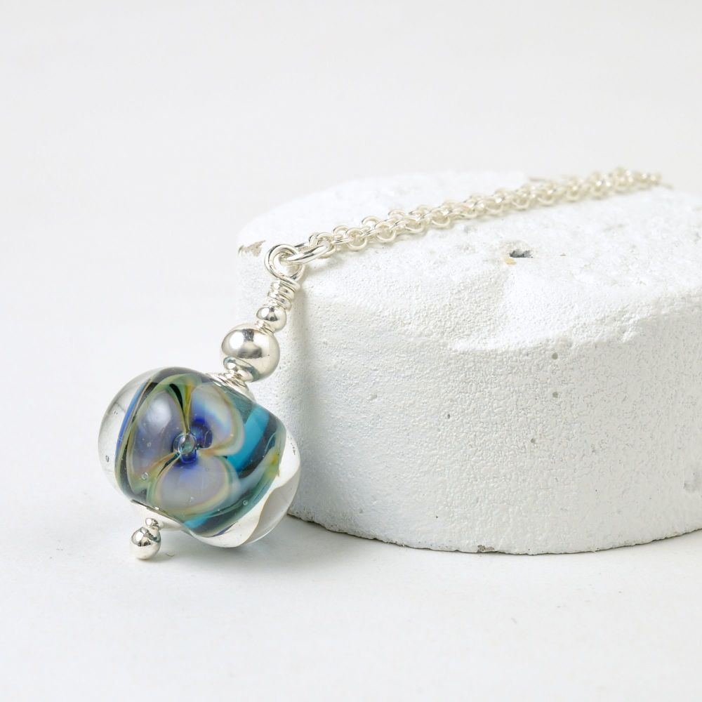 Mini Inky Blue Glass Flower Necklace