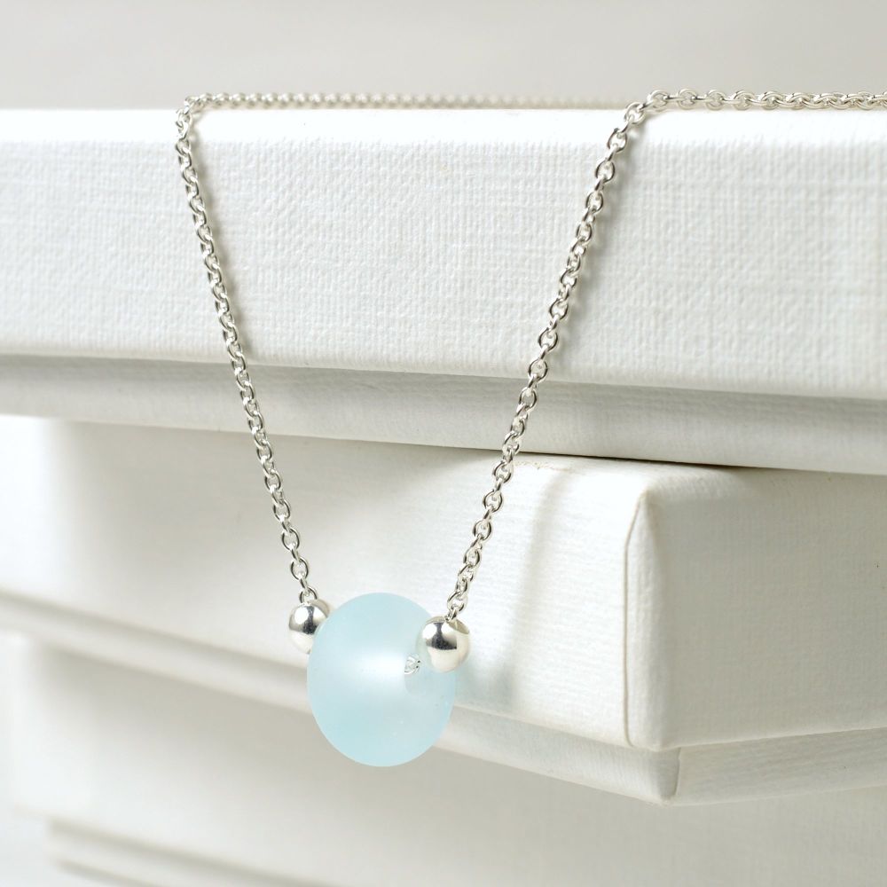 Ice Blue Glass Pebble Slider Necklace