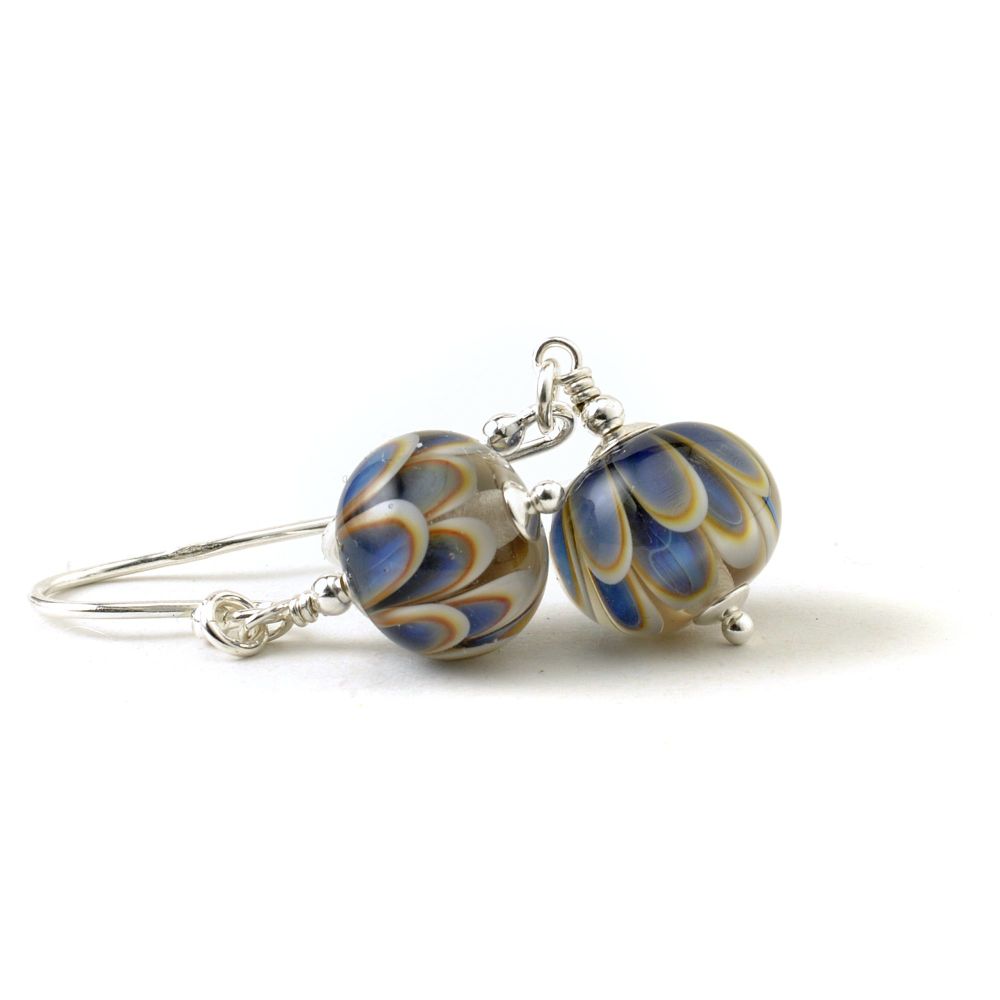 Blue and White Petal Lampwork Glass Earrings