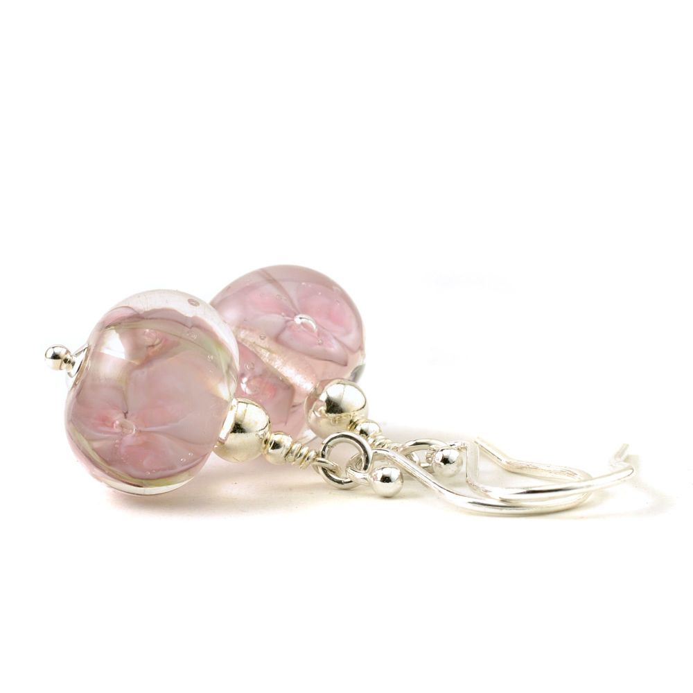 Pale Pink Floral Sterling Silver Lampwork Glass Earrings