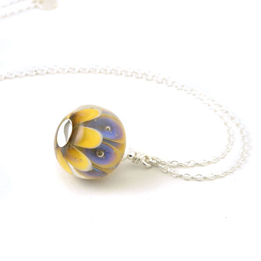 Purple Sunflower Lampwork Glass and Sterling Silver Necklace