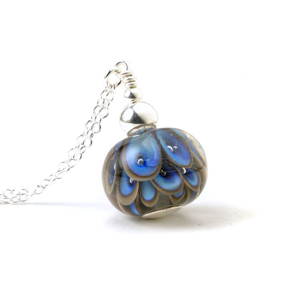 Blue and Grey Bubble Lampwork Glass and Sterling Silver Petal Necklace