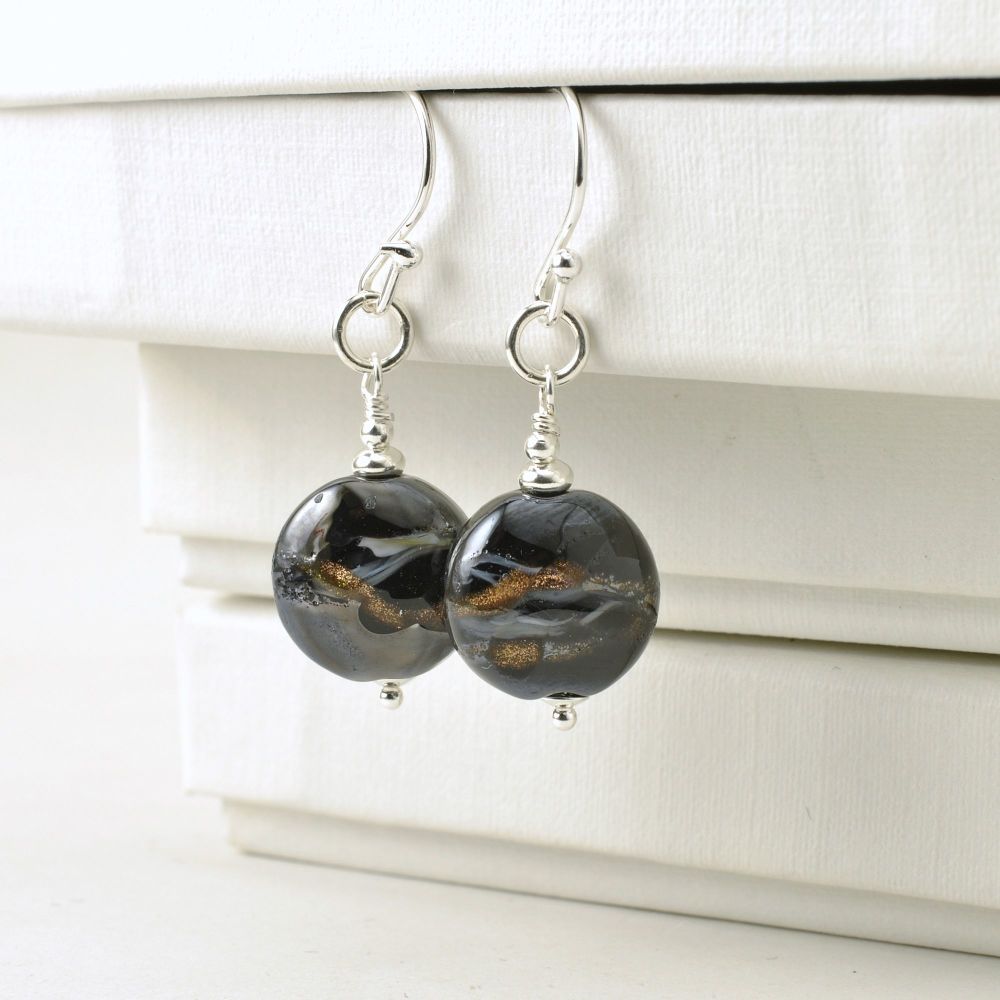 Gold and Black Lampwork Glass Earrings