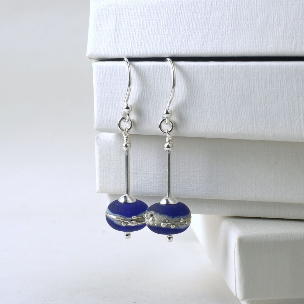 Silvered Cobalt Blue Lampwork Glass Earrings