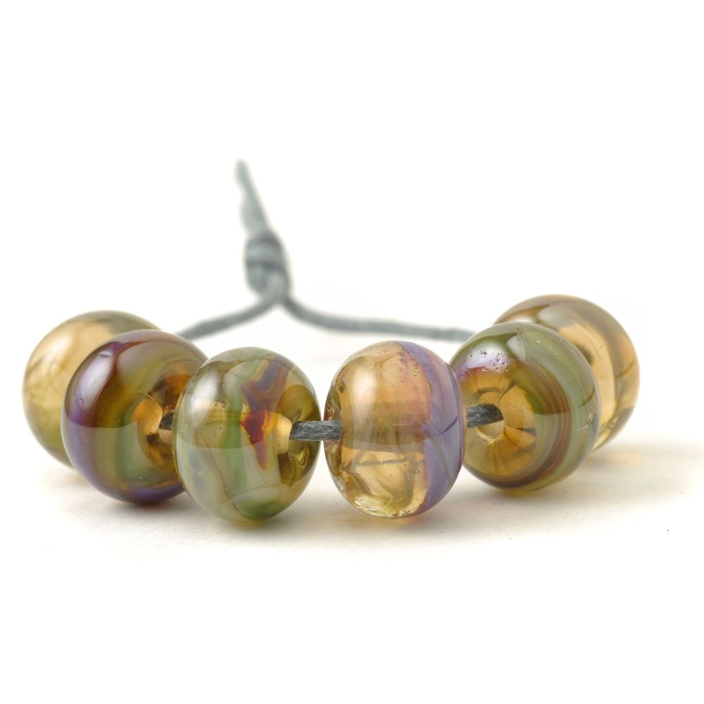 Small Sepia Green and Purple Lampwork Glass Beads