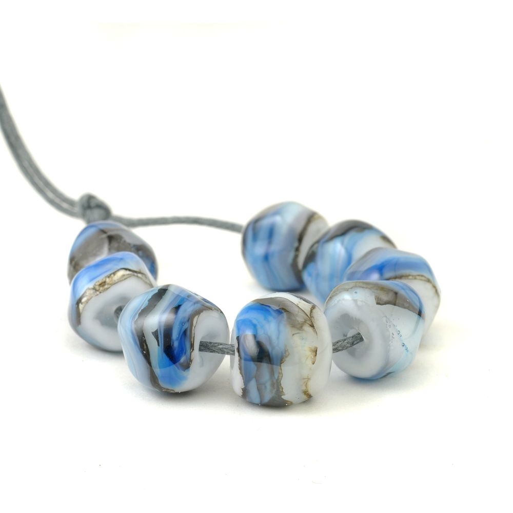 Marbled Blue Lampwork Nugget Beads