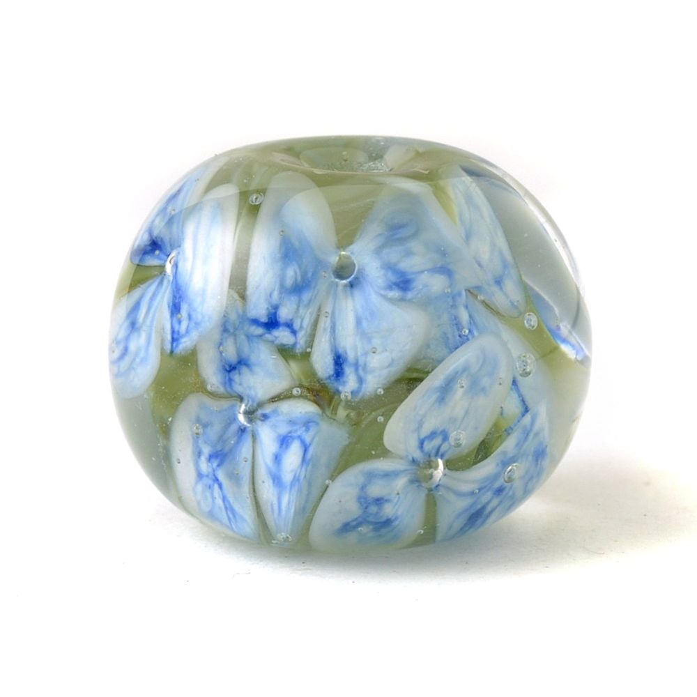 Blue and White Floral Lampwork Glass Focal Bead