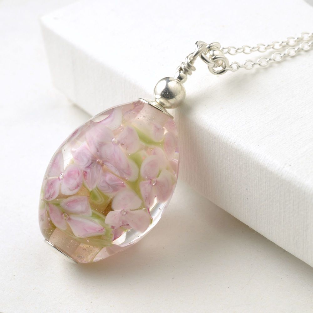 Pale Pink Long Lampwork Glass Flower Necklace