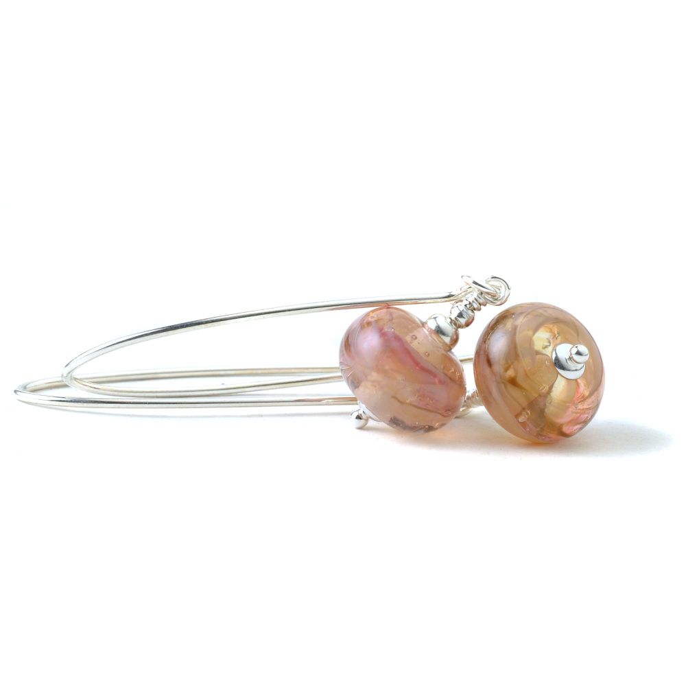 Long Apricot Rose Sterling Silver Lampwork Glass Earrings