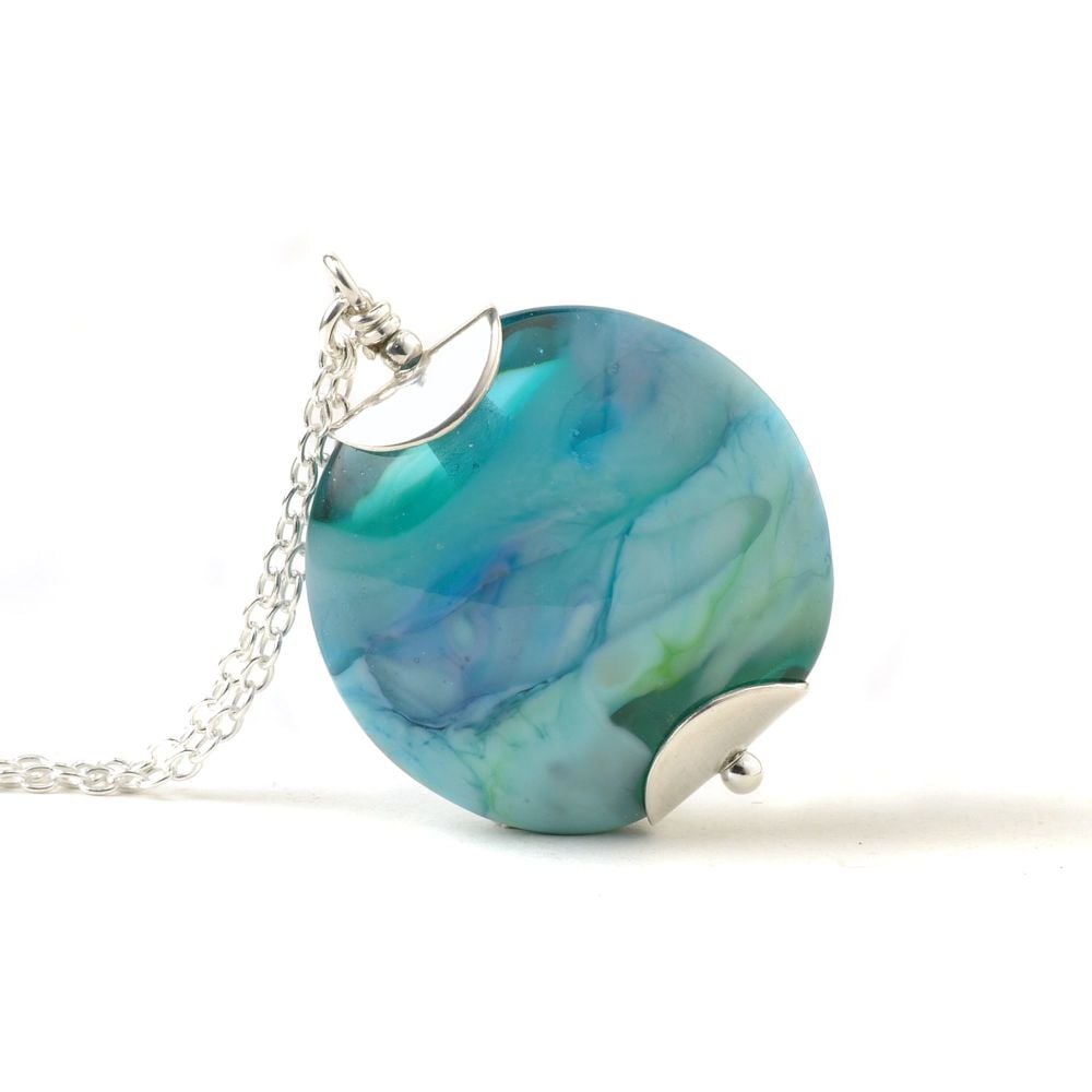 Marbled Aqua Lampwork Glass Pendant Necklace
