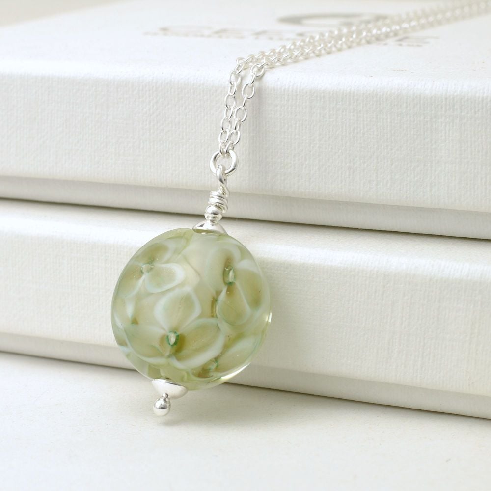 White Pressed Floral Lampwork Glass and Sterling Silver Necklace