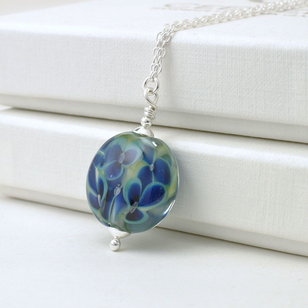 Pressed Floral Lampwork Glass and Sterling Silver Necklace in Dark Blue