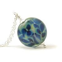 Pressed Floral Lampwork Glass and Sterling Silver Necklace in Dark Blue