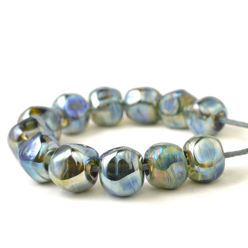 Silvered Blue Metallic Nugget Lampwork Beads