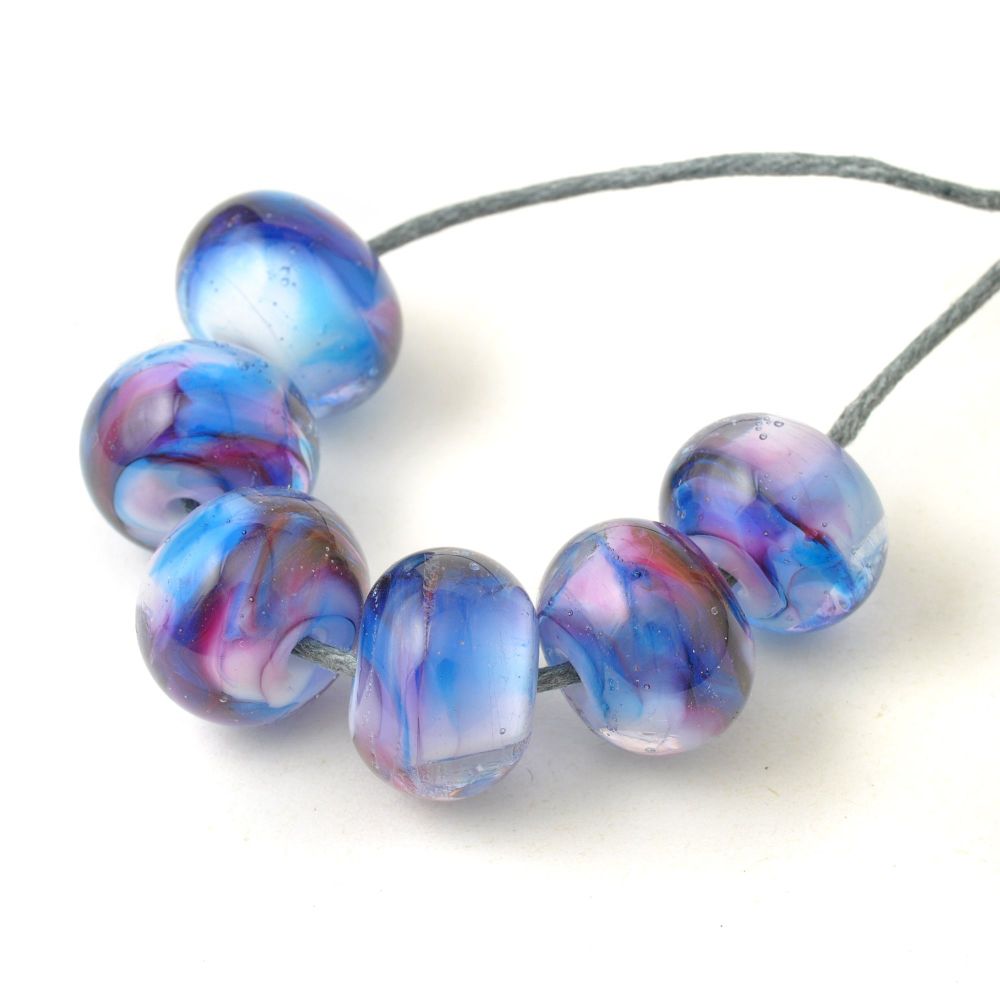 Purple White and Blue Handmade Lampwork Glass Bead Set
