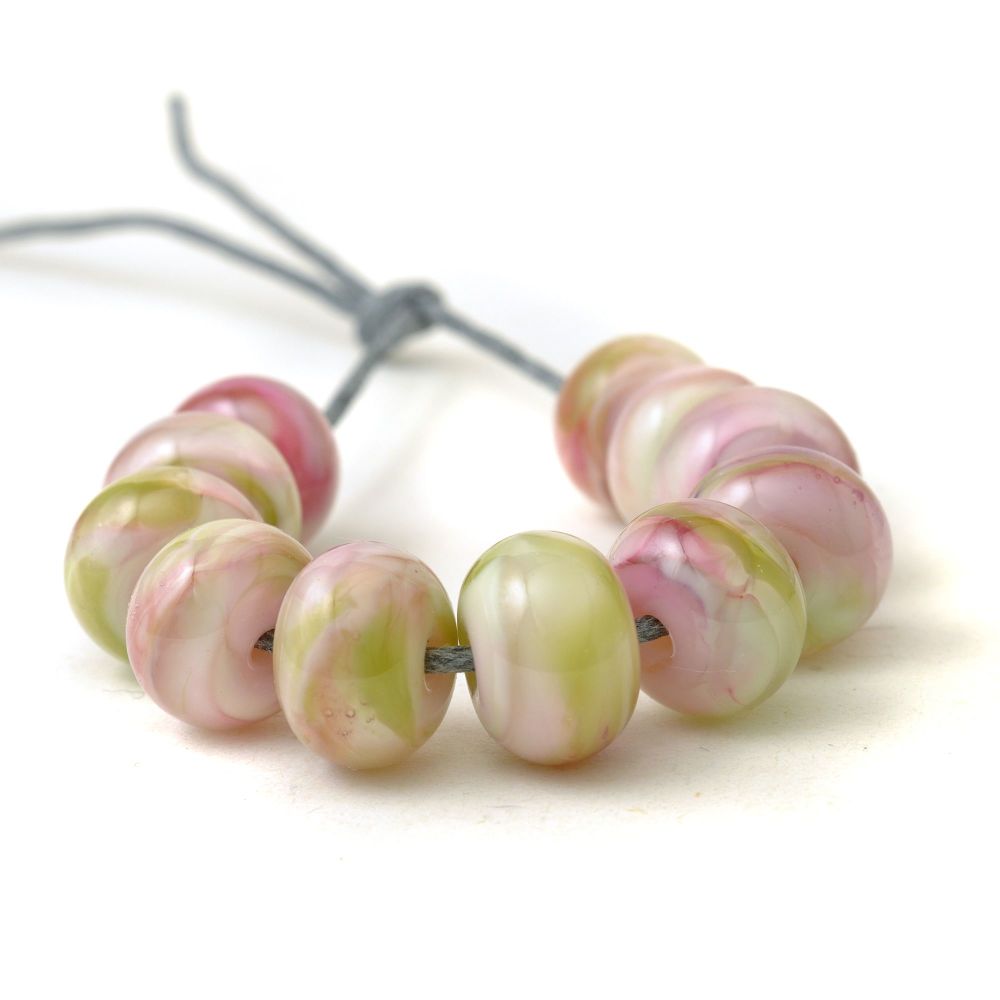 Pink and Green Handmade Lampwork Glass Bead Set