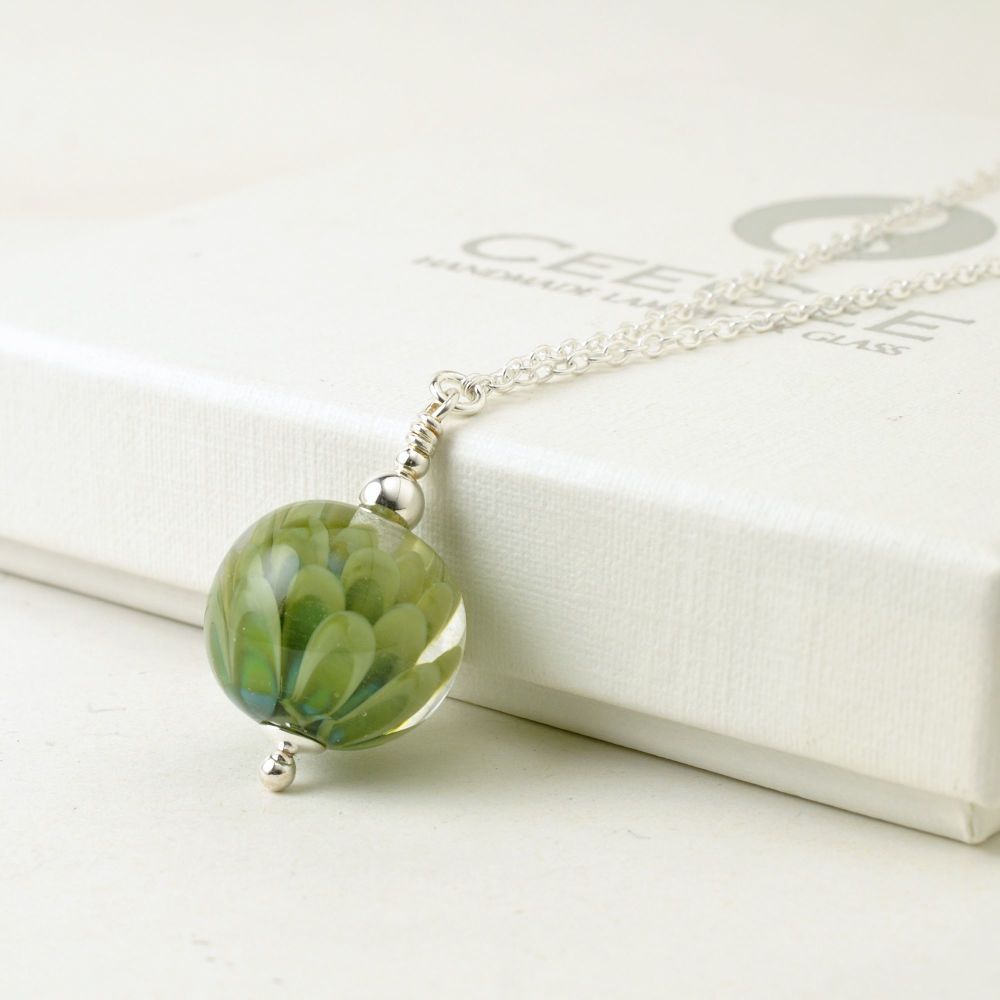 Olive Green Small Lampwork Glass Petal Necklace