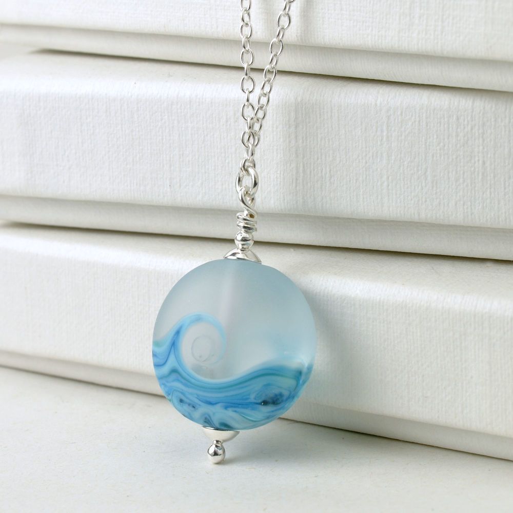 Blue Breaking Waves Lampwork Glass Pendant Necklace
