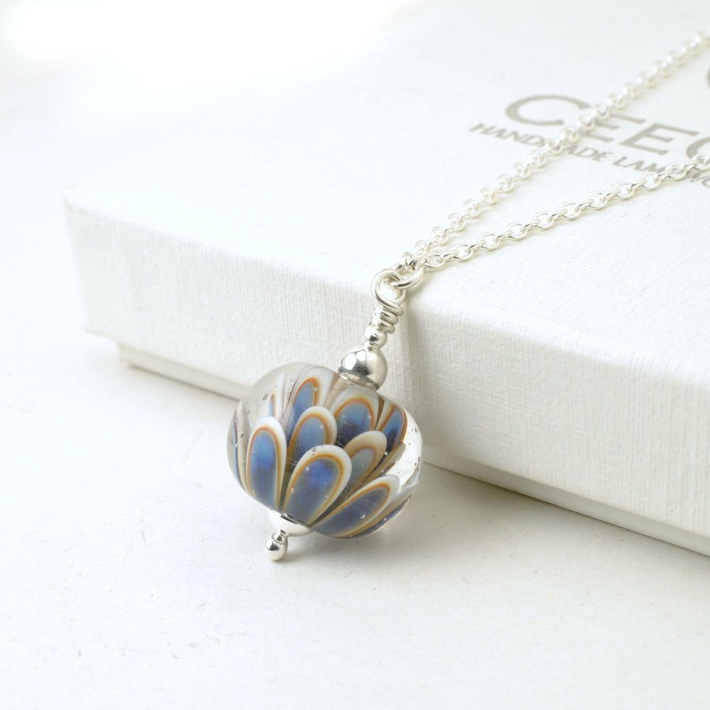 Pale Blue and White Small Glass Petal Necklace