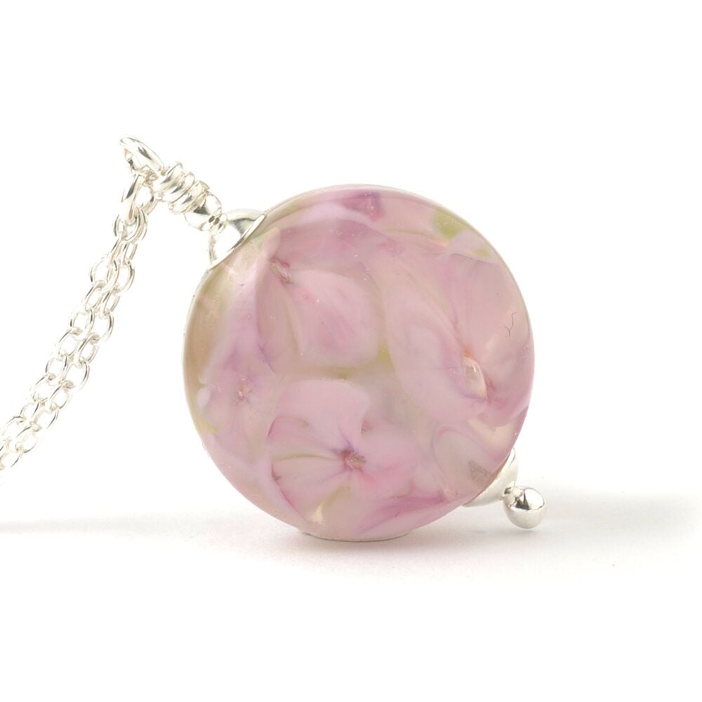 Pink Pressed Floral Lampwork Glass and Sterling Silver Necklace
