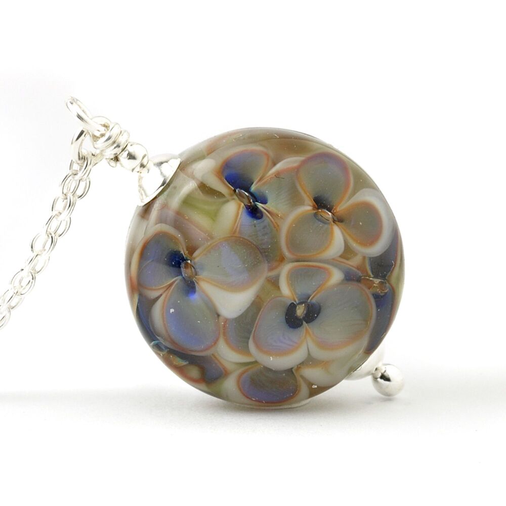 Pressed Floral Lampwork Glass and Sterling Silver Necklace in Light Blue