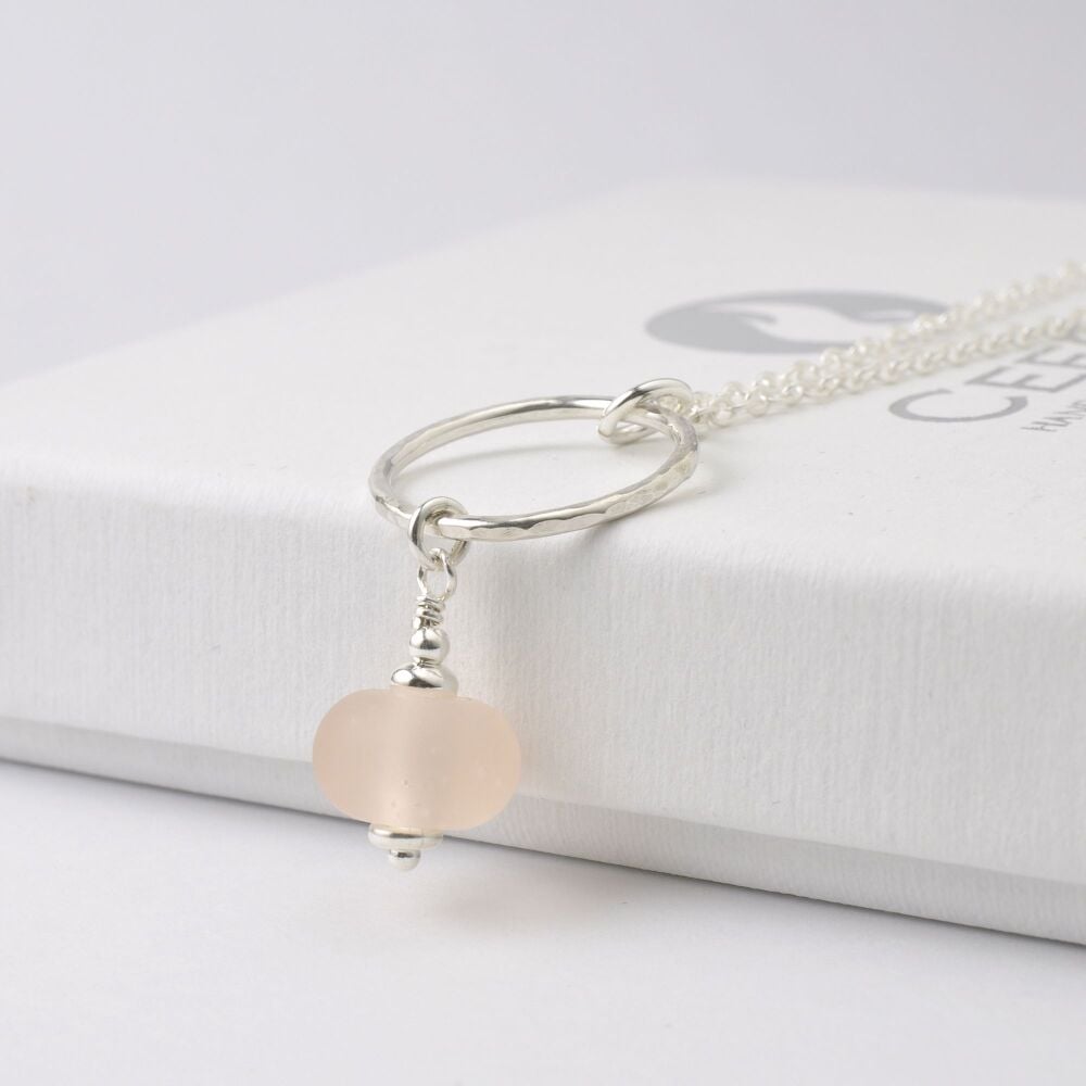 Blush Peach Tumbled Glass Hoop Necklace