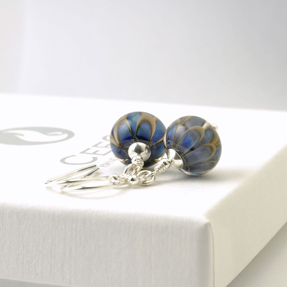 Blue and Grey Petal Lampwork Glass Earrings