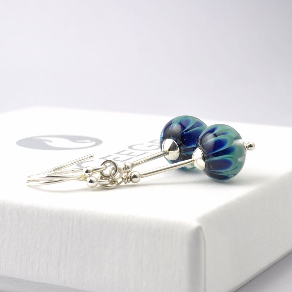 Teal Blue Lampwork Glass and Silver Stem Earrings