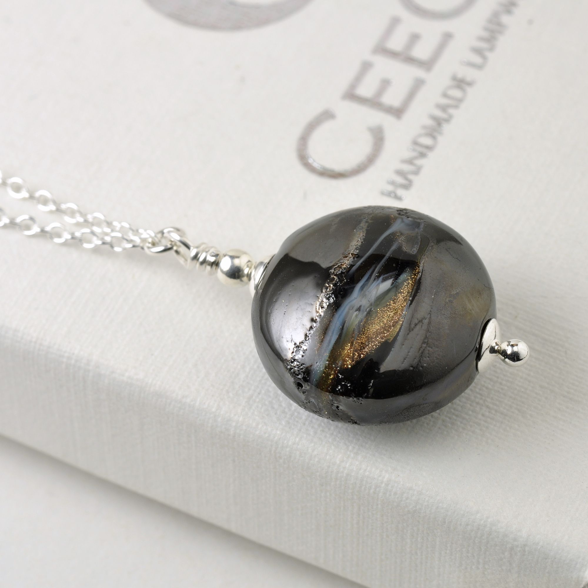 Handmade Gold and Black Lampwork Glass Necklace