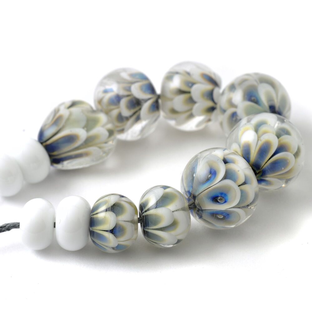 Handmade Lampwork Beads in Light Blue and White