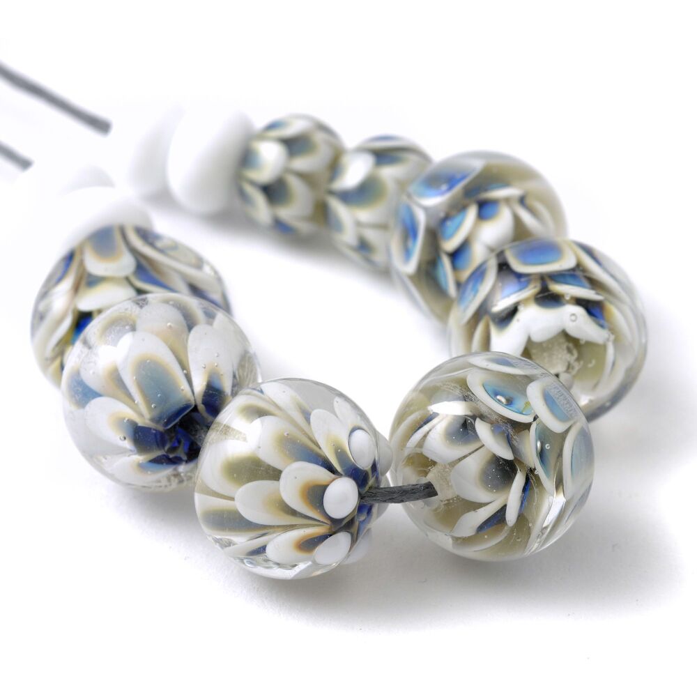 Blue and White Flower Lampwork Glass Beads 