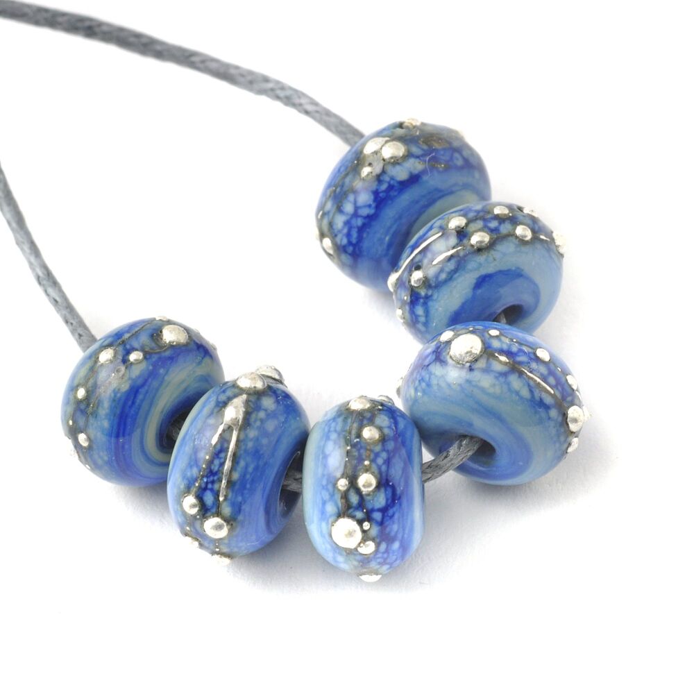 Small Silvered Blue Handmade Lampwork Glass Beads