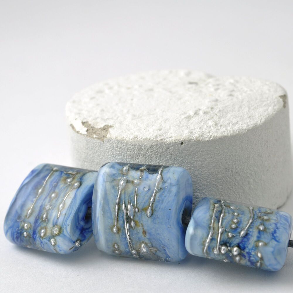 Square Silvered Blue Handmade Lampwork Glass Beads