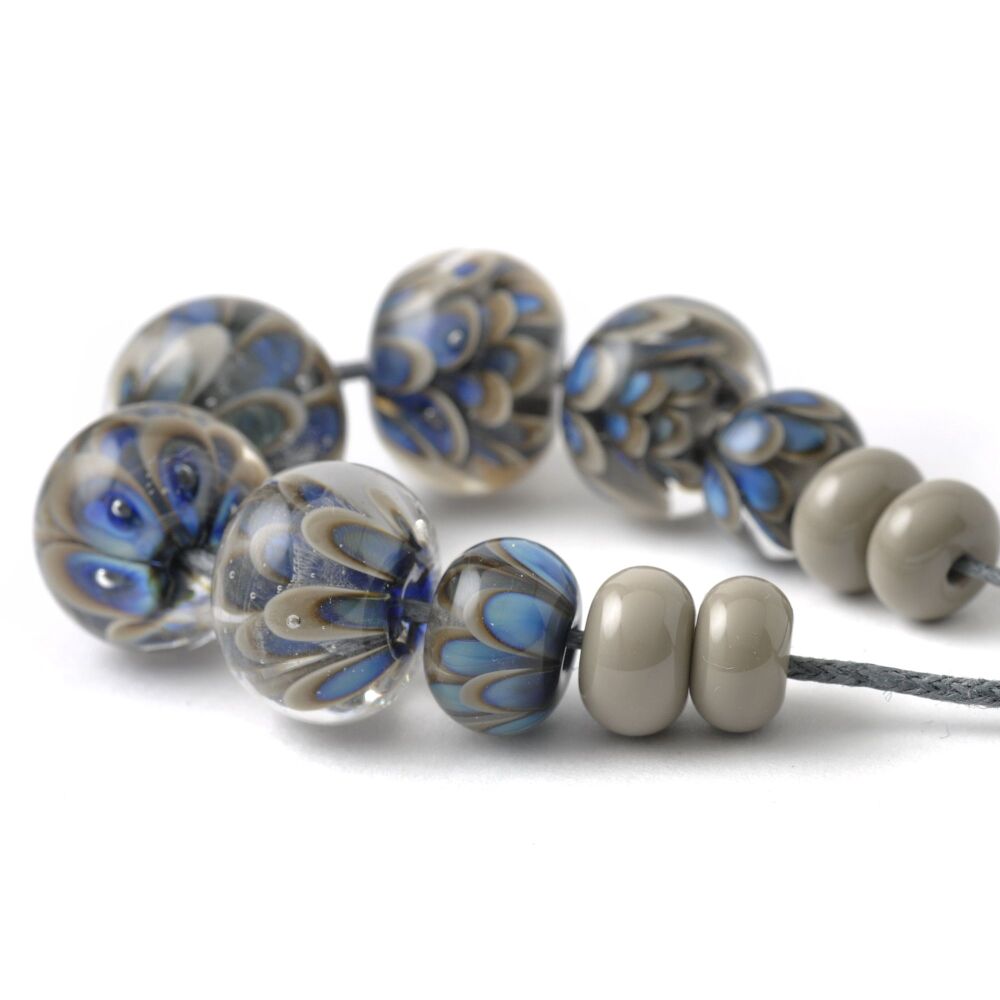 Handmade Lampwork Beads in Dark Grey and Blue