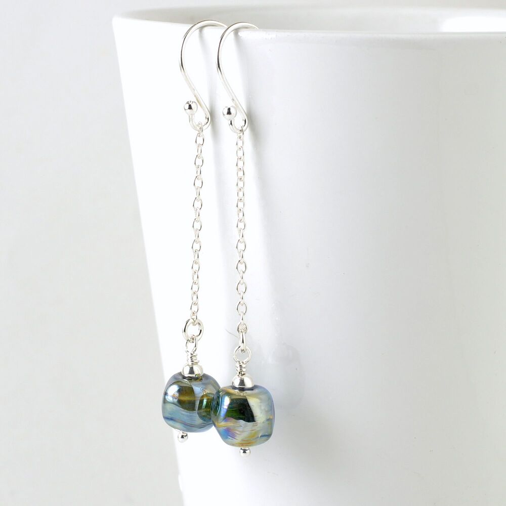 (WS) Long Metallic Glass Nugget Earrings