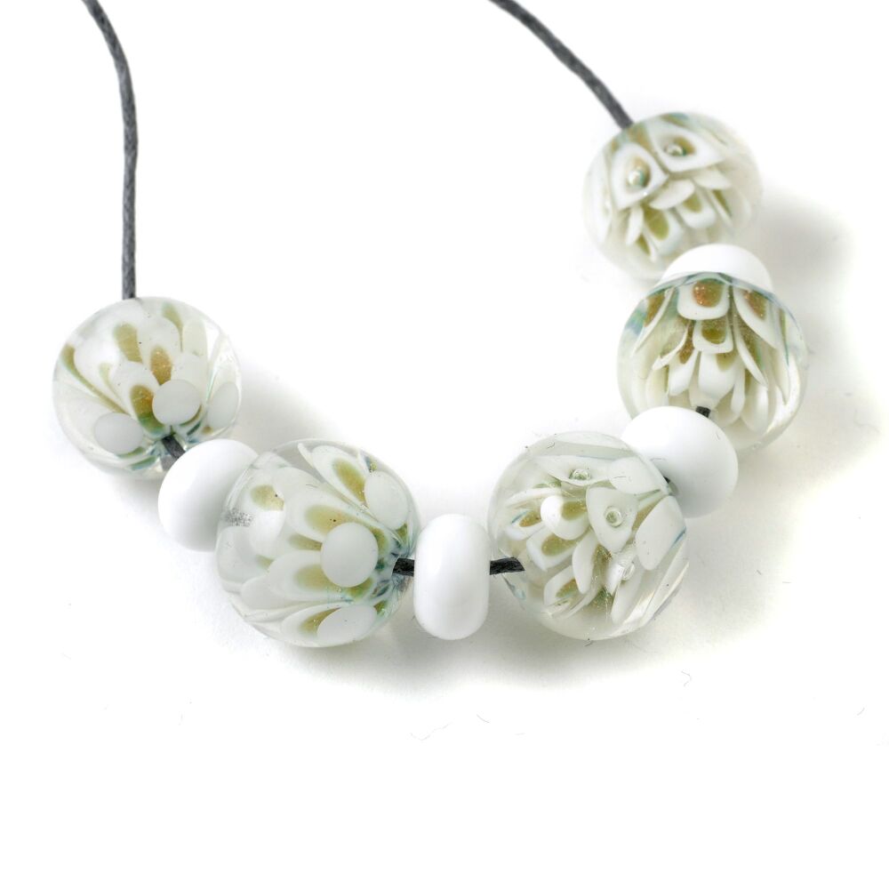 Handmade Lampwork Petal Beads in White and Pale Gold