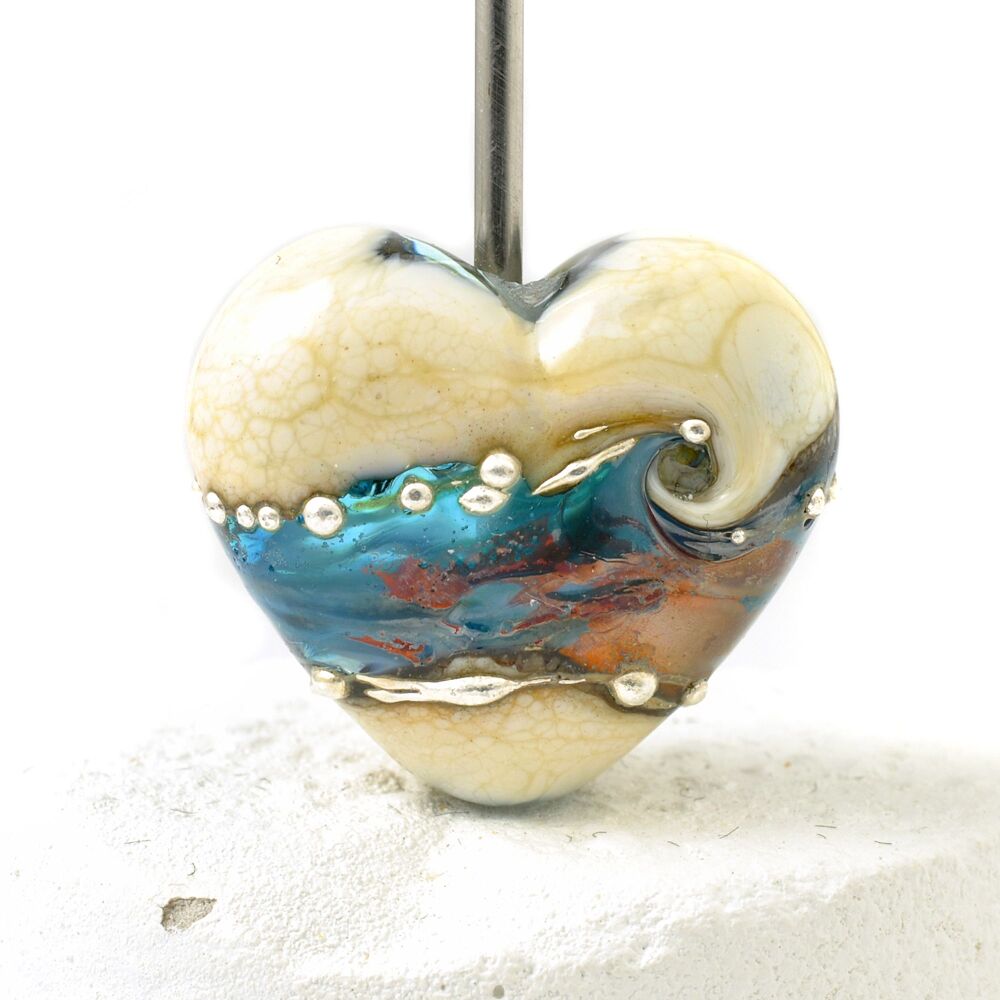 Aqua Bronze Lampwork Glass Heart Focal Bead