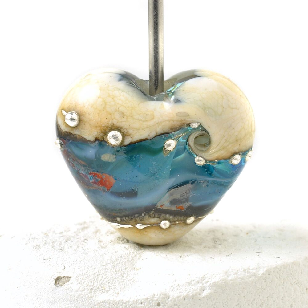 Aqua Bronze Lampwork Glass Heart Focal Bead