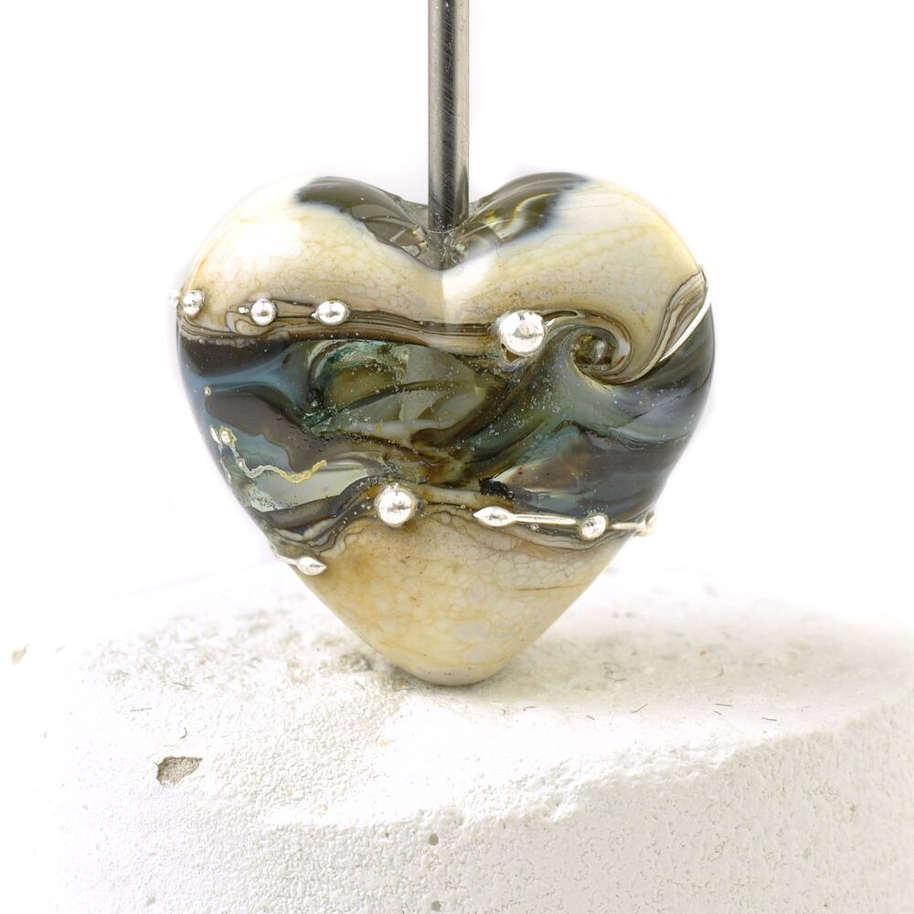 Silver Grey Lampwork Glass Heart Focal Bead