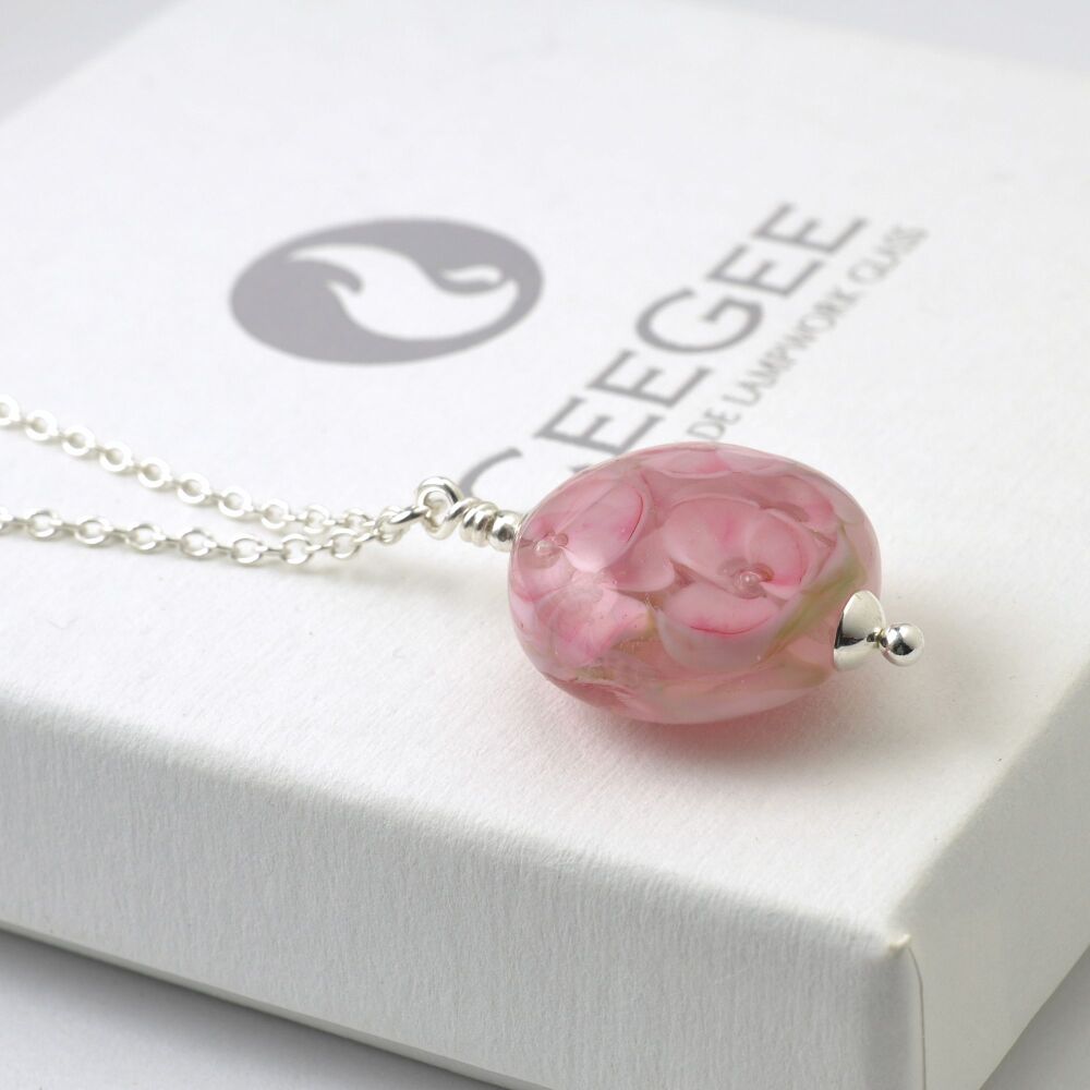 True Pink Pressed Floral Lampwork Glass and Sterling Silver Necklace