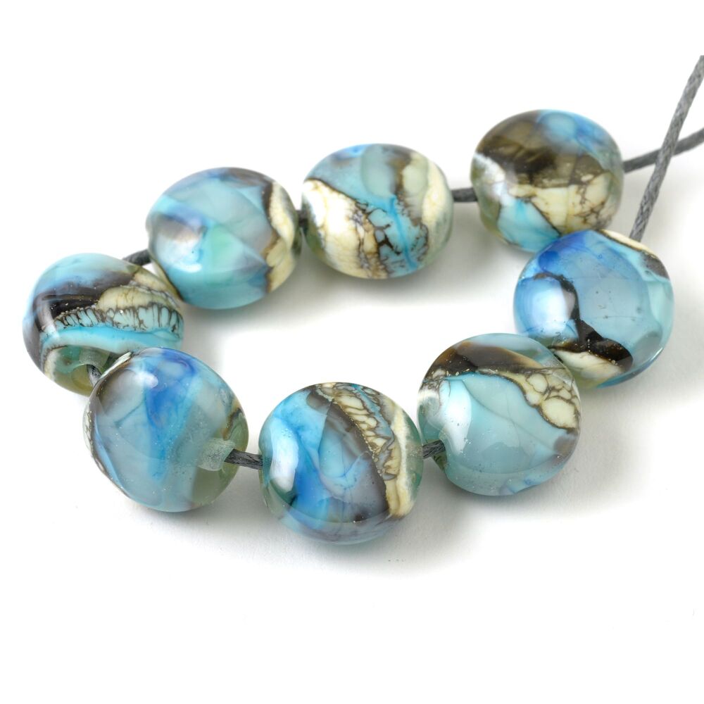 Blue Stones Handmade Lampwork Glass Pressed Bead Set