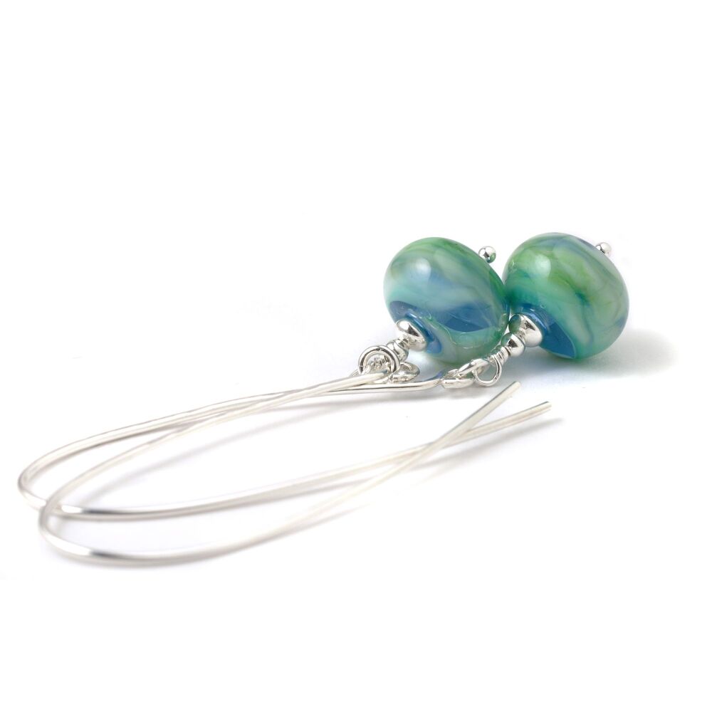 Long Blue Green and Silver Lampwork Glass Earrings