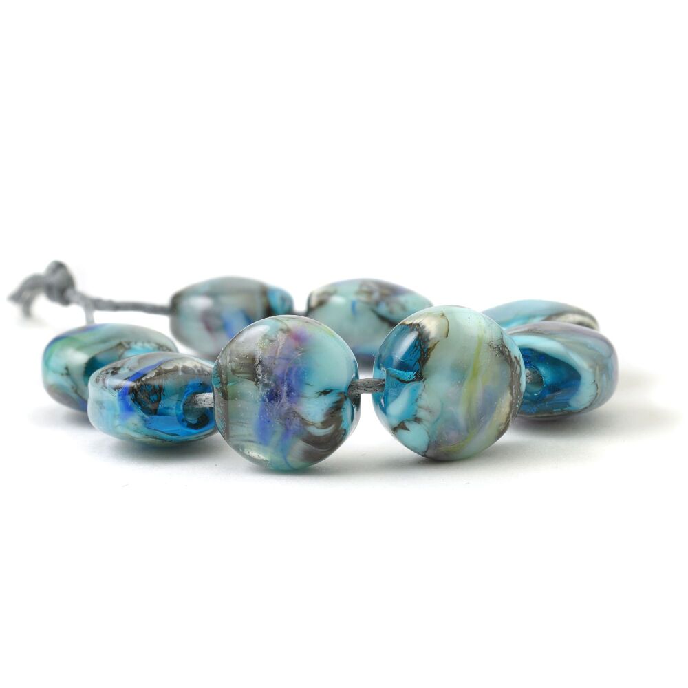 Turquoise Blue Handmade Lampwork Glass Pressed Bead Set