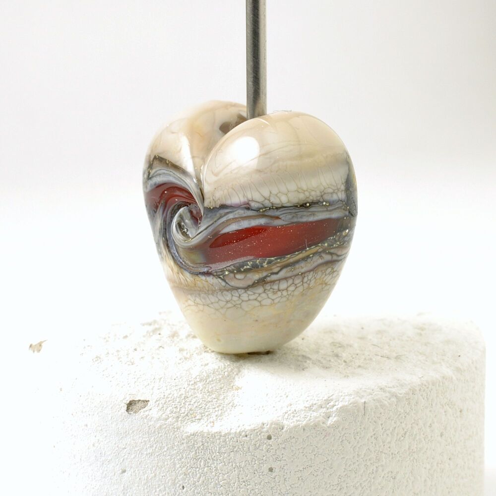 Ivory Red Heart Lampwork Glass Focal Bead