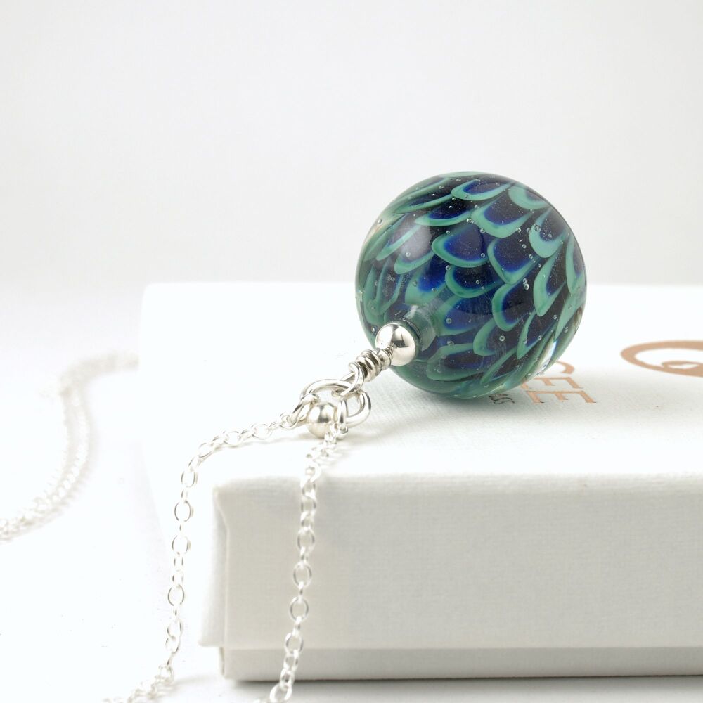 Teal Blue Long Glass and Silver Petal Necklace