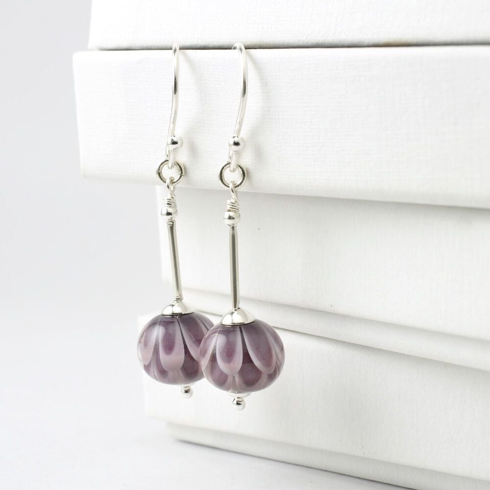 Heather Lampwork Glass and Silver Stem Earrings