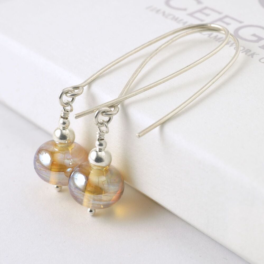 Long Pale Gold Lampwork Glass Earrings