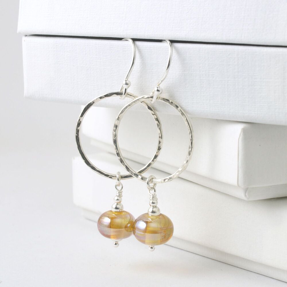 Metallic Gold Lampwork Glass and Sterling Silver Hoop Earrings