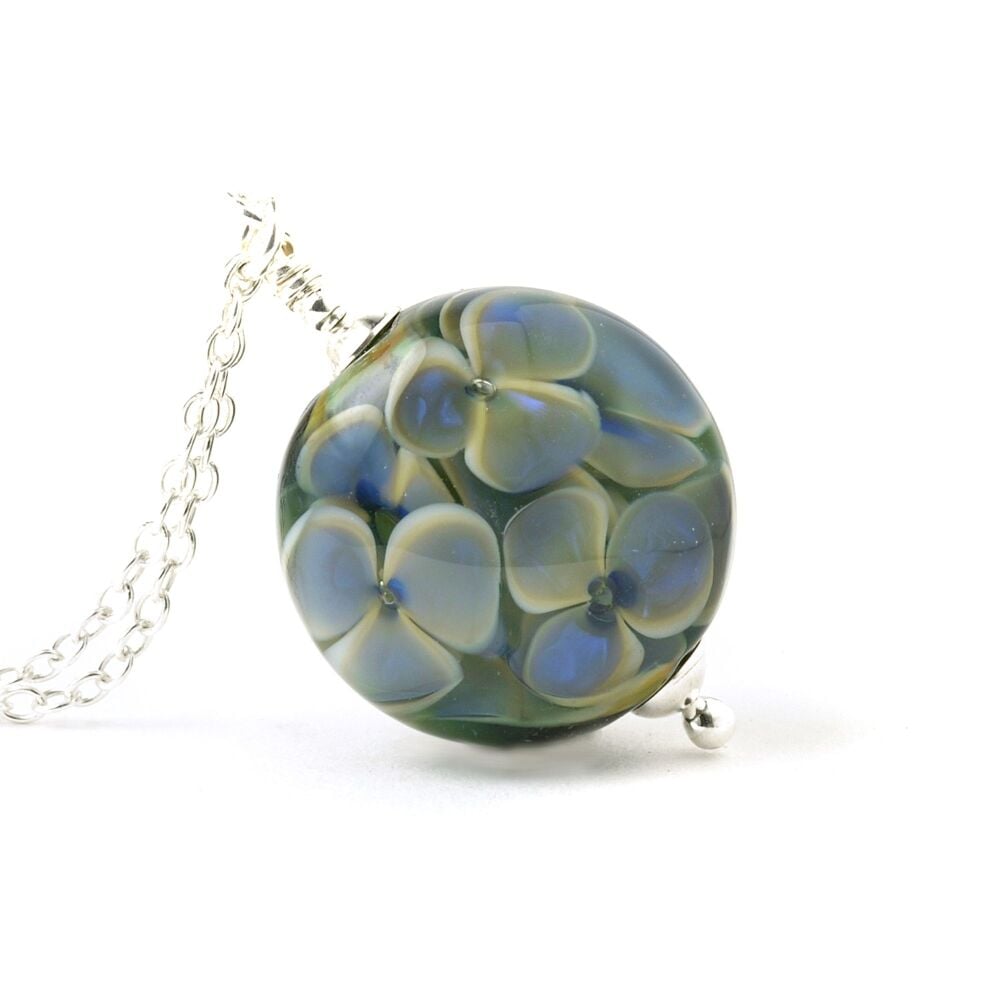 Pressed Floral Lampwork Glass and Sterling Silver Necklace in Inky Blue