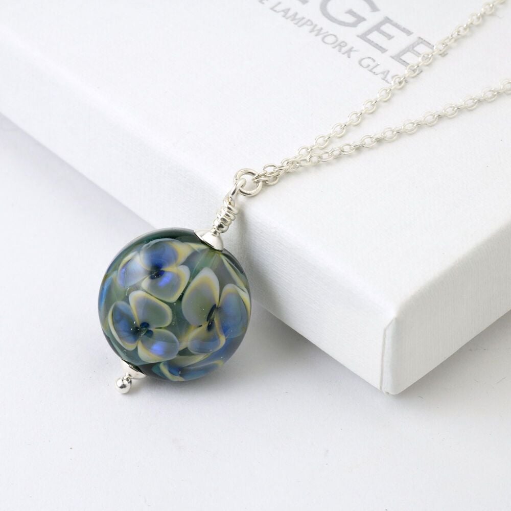 Pressed Floral Lampwork Glass and Sterling Silver Necklace in Inky Blue